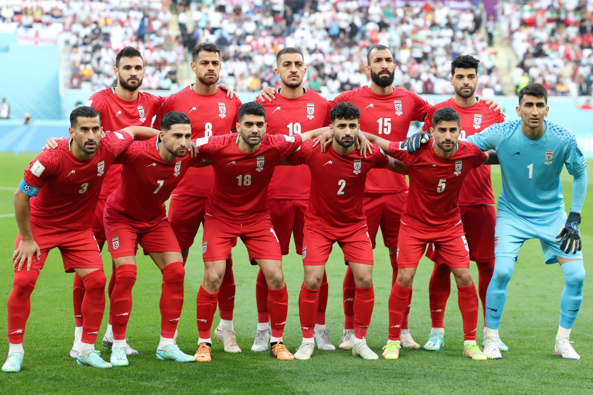 Iran national football team players pose ahead of the Qatar 2022 World Cup Group B football match between England and Iran at the Khalifa International Stadium in Doha on November 21, 2022. (Photo by FADEL SENNA / AFP) (Photo by FADEL SENNA/AFP via Getty Images)
