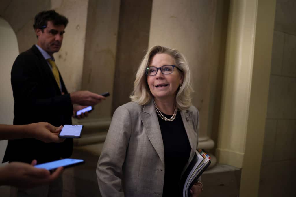 WASHINGTON, DC - JULY 22: Rep. Liz Cheney (R-WY) arrives to House Speaker Nancy Pelosi’s (D-CA) office for a meeting with members of the select committee investigating the January 6th insurrection on July 22, 2021 in Washington, DC. The select committee is scheduled to hold its first hearing next week. (Photo by Anna Moneymaker/Getty Images)