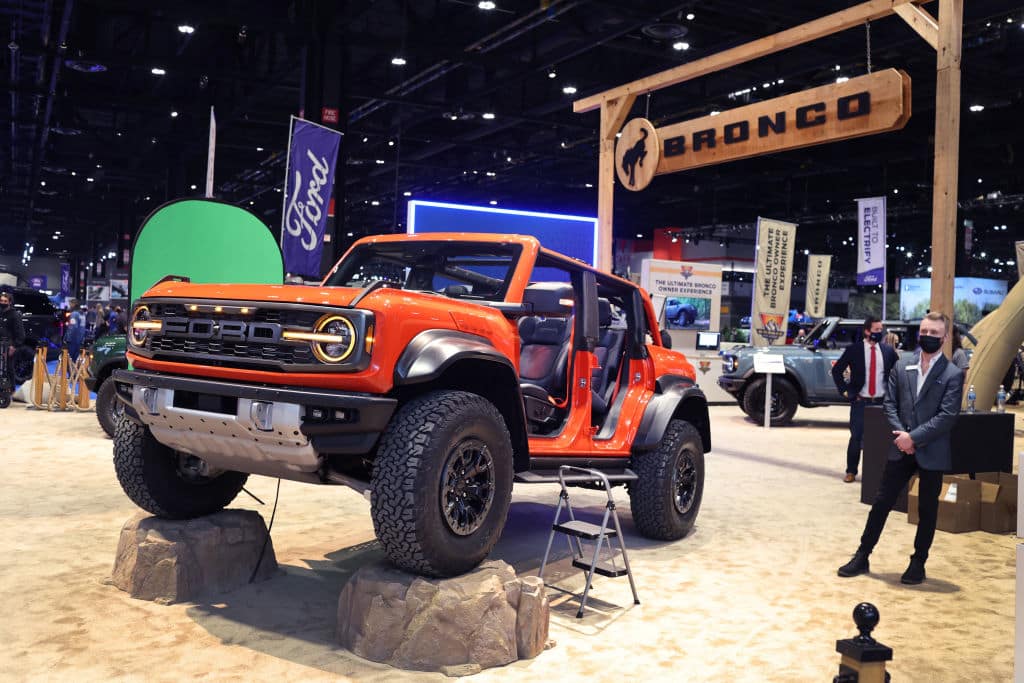 CHICAGO, ILLINOIS - FEBRUARY 10: Ford displays the Bronco Raptor edition at the Chicago Auto Show at McCormick Place convention center on February 10, 2022 in Chicago, Illinois. The show, the nation's largest and longest-running, is open to the public February 12-21.  (Photo by Scott Olson/Getty Images)