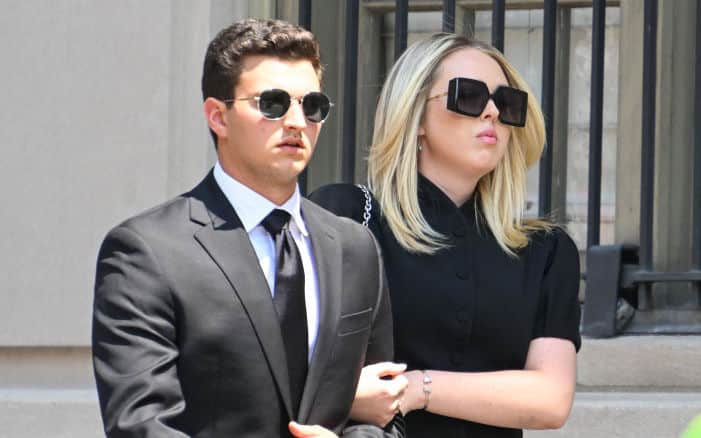 NEW YORK, NEW YORK - JULY 20: Tiffany Trump and Michael Boulos arrive for the funeral of Ivana Trump at St. Vincent Ferrer Roman Catholic Church July 20, 2022 in New York City. Trump, the first wife of former U.S. president Donald Trump, died at the age of 73 after a fall down the stairs of her Manhattan home. (Photo by Alexi J. Rosenfeld/Getty Images)