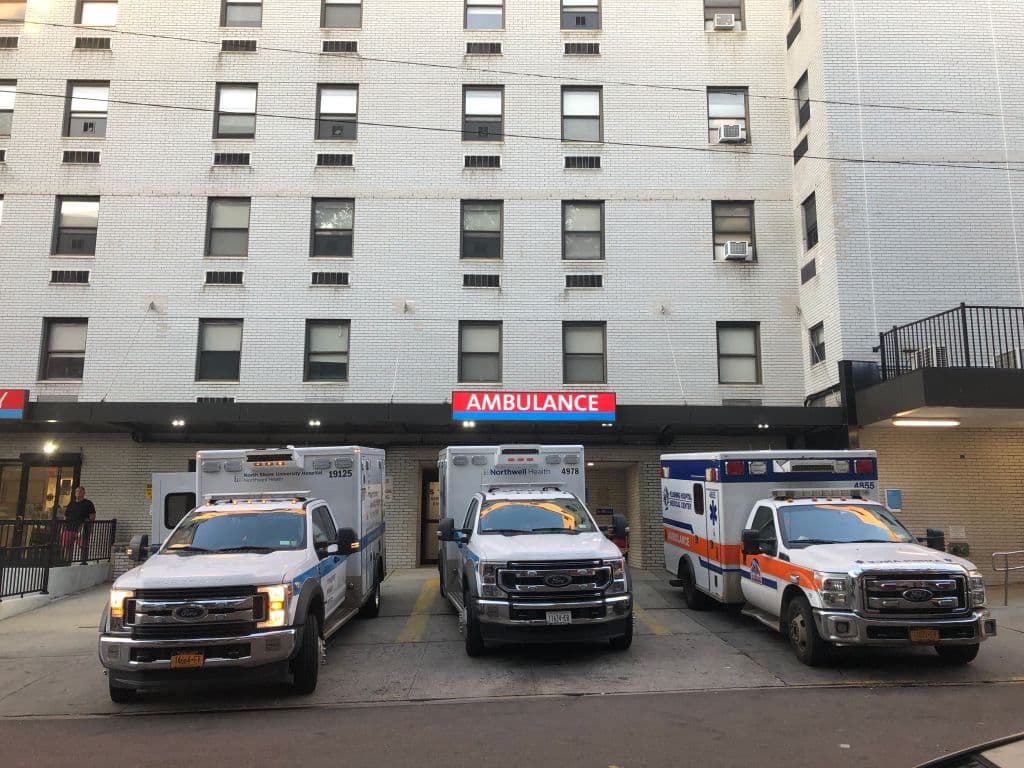 Three Ambulances parked outside the emergency center at Forest Hills Hospital, Queens, New York. (Photo by: Lindsey Nicholson/UCG/Universal Images Group via Getty Images)