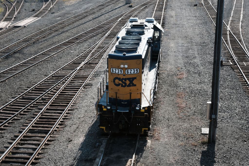 NEW YORK, NEW YORK - OCTOBER 11: Trains sit at the CSX Oak Point Yard, a freight railroad yard on October 11, 2022 in the Bronx borough of New York City. The country's largest railroad unions announced that they have rejected its deal with freight railroads. The union has said the deal doesn't do enough to address the lack of paid sick time or improve working conditions. (Photo by Spencer Platt/Getty Images)
