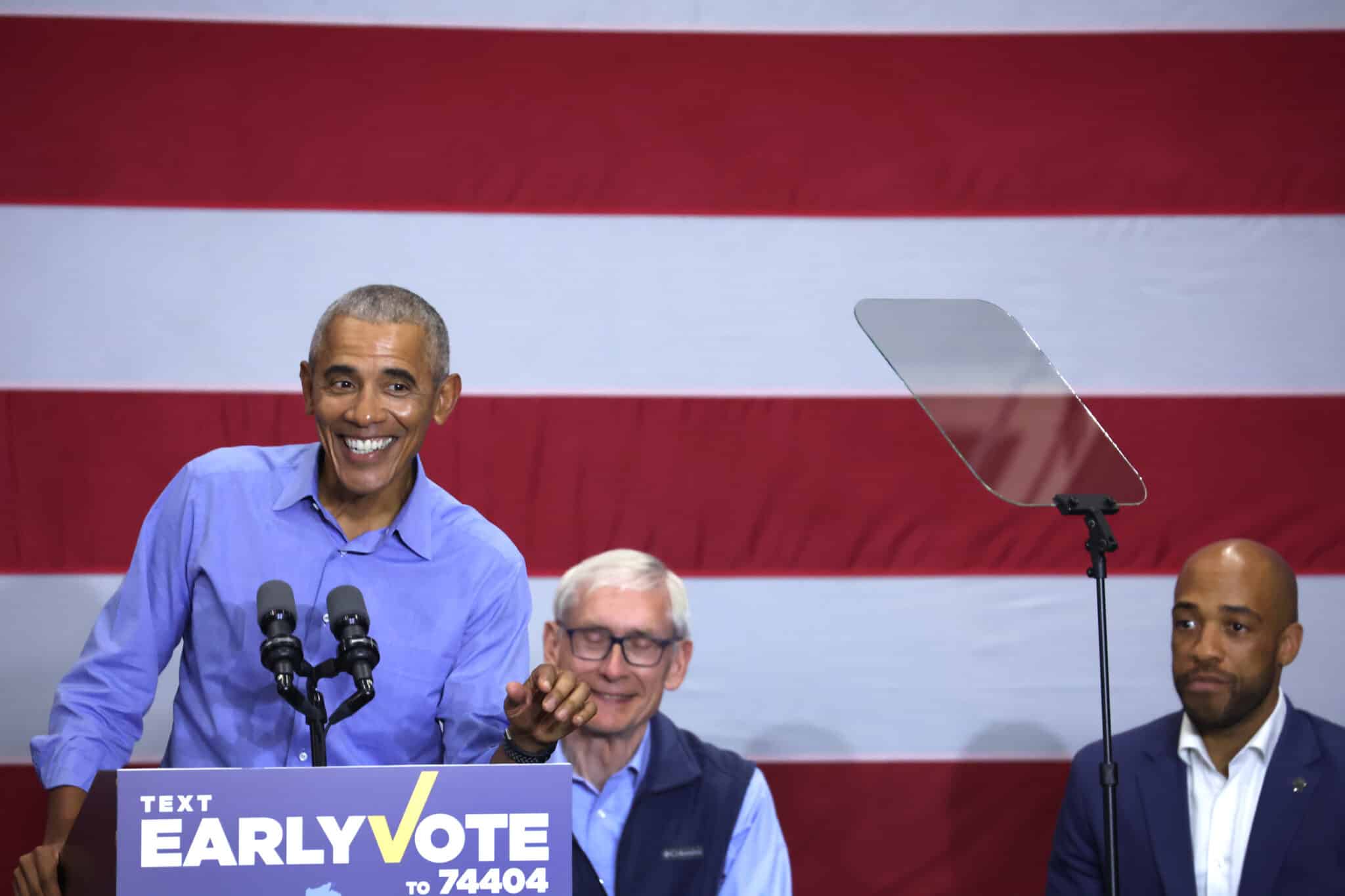 MILWAUKEE, WISCONSIN - OCTOBER 29: Former US President Barack Obama speaks at a rally to support Wisconsin Governor Tony Evers and Democratic candidate for U.S. Senate in Wisconsin Mandela Barnes on October 29, 2022 in Milwaukee, Wisconsin. Evers and Barnes, who currently serves as the state's lieutenant governor, are both facing close mid-term races. (Photo by Scott Olson/Getty Images)