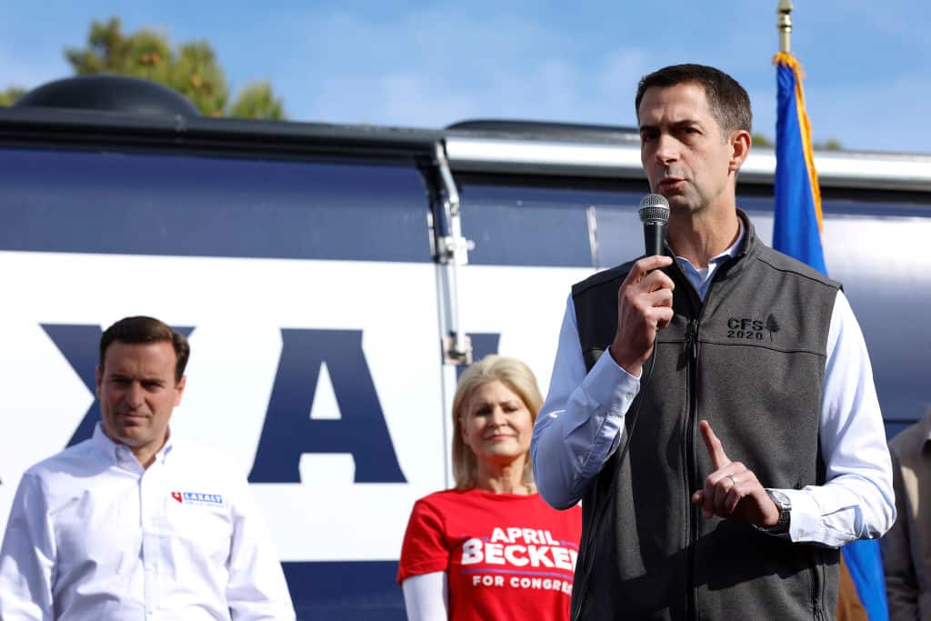 LAS VEGAS, NEVADA - NOVEMBER 05: Sen. Tom Cotton (R-AR) speaks at a campaign event for Nevada Republican U.S. Senate nominee Adam Laxalt on November 05, 2022 in Las Vegas, Nevada. Laxalt, a former Attorney General of Nevada, wrapped up his tour through the 17 counties of the state in his campaign to unseat incumbent U.S. Sen. Catherine Cortez Masto (D-NV). (Photo by Anna Moneymaker/Getty Images)