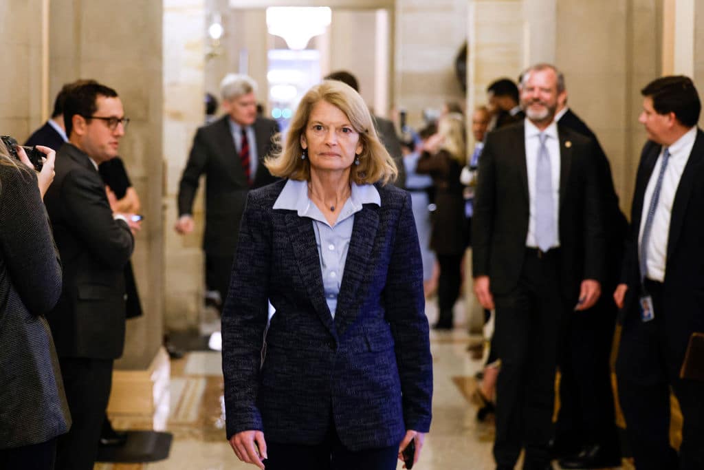 WASHINGTON, DC - NOVEMBER 16: : Sen. Lisa Murkowski (R-AK) leaves a meeting with the Senate Republicans at the U.S. Capitol on November 16, 2022 in Washington, DC. During the meeting Senate Minority Leader Mitch McConnell (R-KY) overcame a challenge from Sen. Rick Scott (R-FL) and was re-elected as the Senate Republican leader for the new Congress. (Photo by Anna Moneymaker/Getty Images)