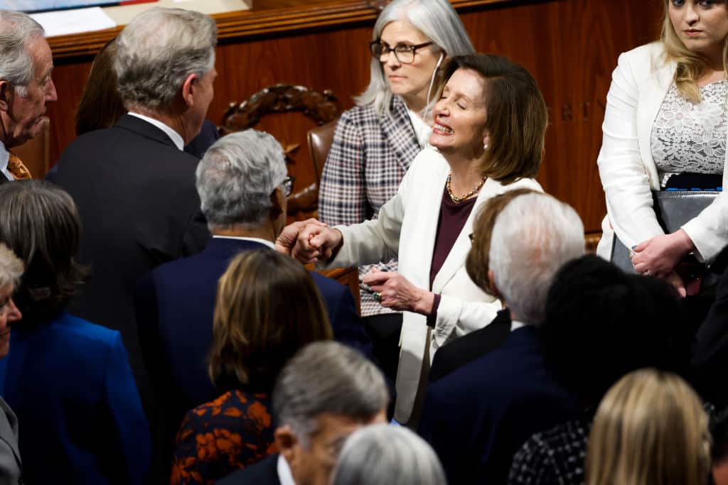 WASHINGTON, DC - NOVEMBER 17: U.S. Speaker of the Nancy Pelosi (D-CA) hugs lawmakers after she delivered remarks from the House Chambers of the U.S. Capitol Building on November 17, 2022 in Washington, DC. Pelosi spoke on the future of her leadership plans in the House ofRepresentatives and said she will not seek a leadership role in the upcoming Congress. (Photo by Anna Moneymaker/Getty Images)
