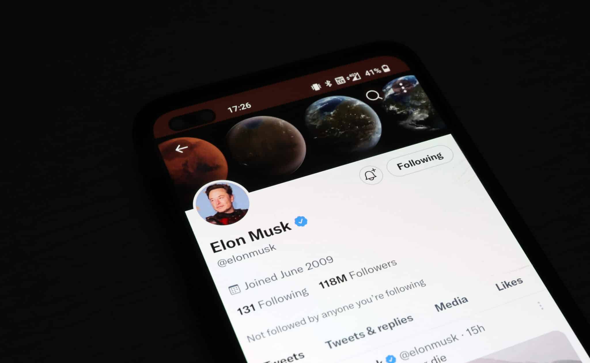 NEWCASTLE-UNDER-LYME, ENGLAND - NOVEMBER 21: The Twitter account of Elon Musk is displayed on a smartphone  on November 21, 2022 in Newcastle Under Lyme, England. (Photo by Nathan Stirk/Getty Images)