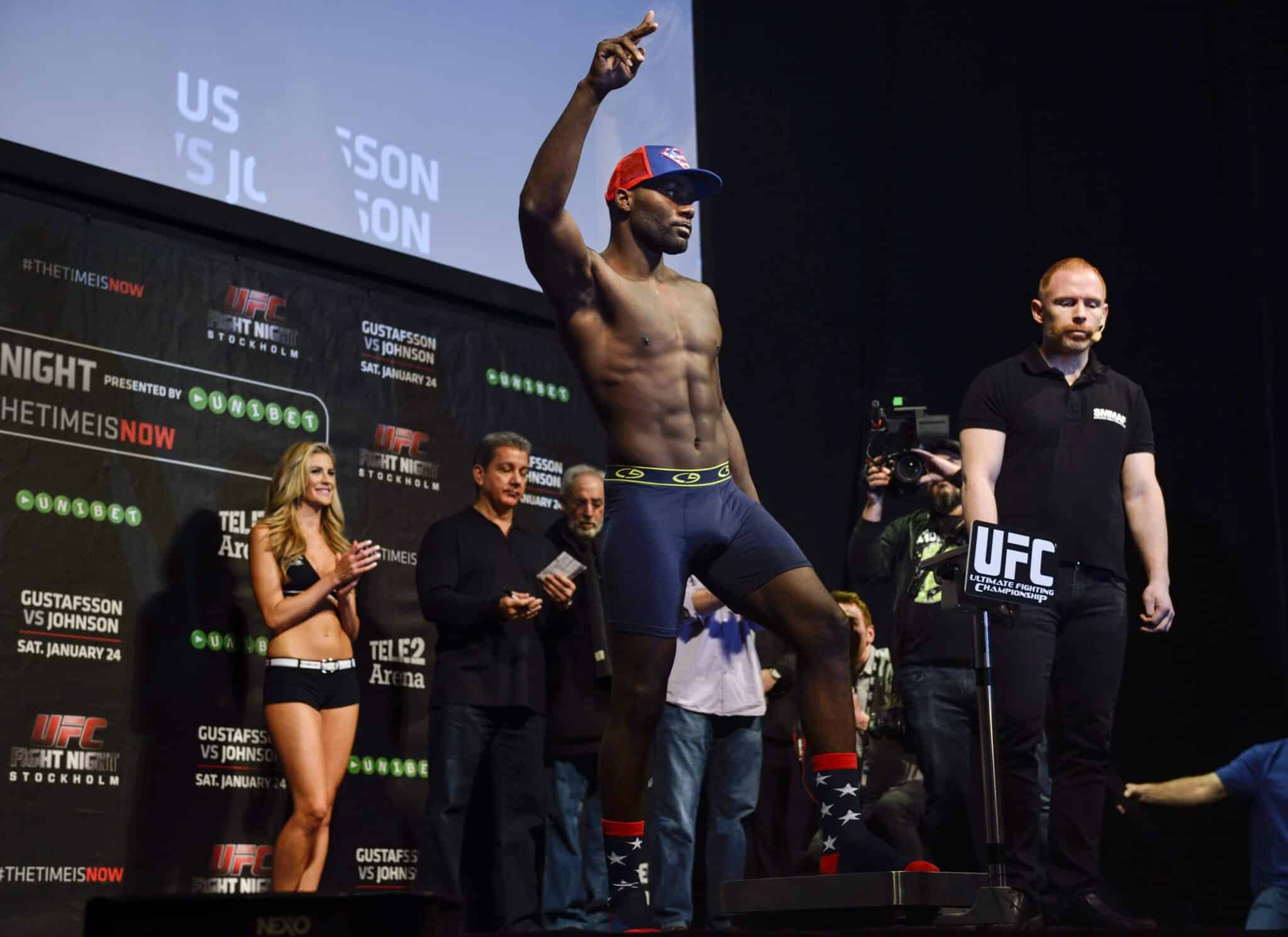 US Anthony 'Rumble' Johnson poses on the scale during the weigh-in for Saturday's UFC light heavyweight championship mixed martial arts bout at Tele2 Arena in Stockholm, Sweden, on January 23, 2015.  AFP PHOTO / TT NEWS AGENCY / Henrik Montgomery /  SWEDEN OUT        (Photo credit should read HENRIK MONTGOMERY/AFP via Getty Images)