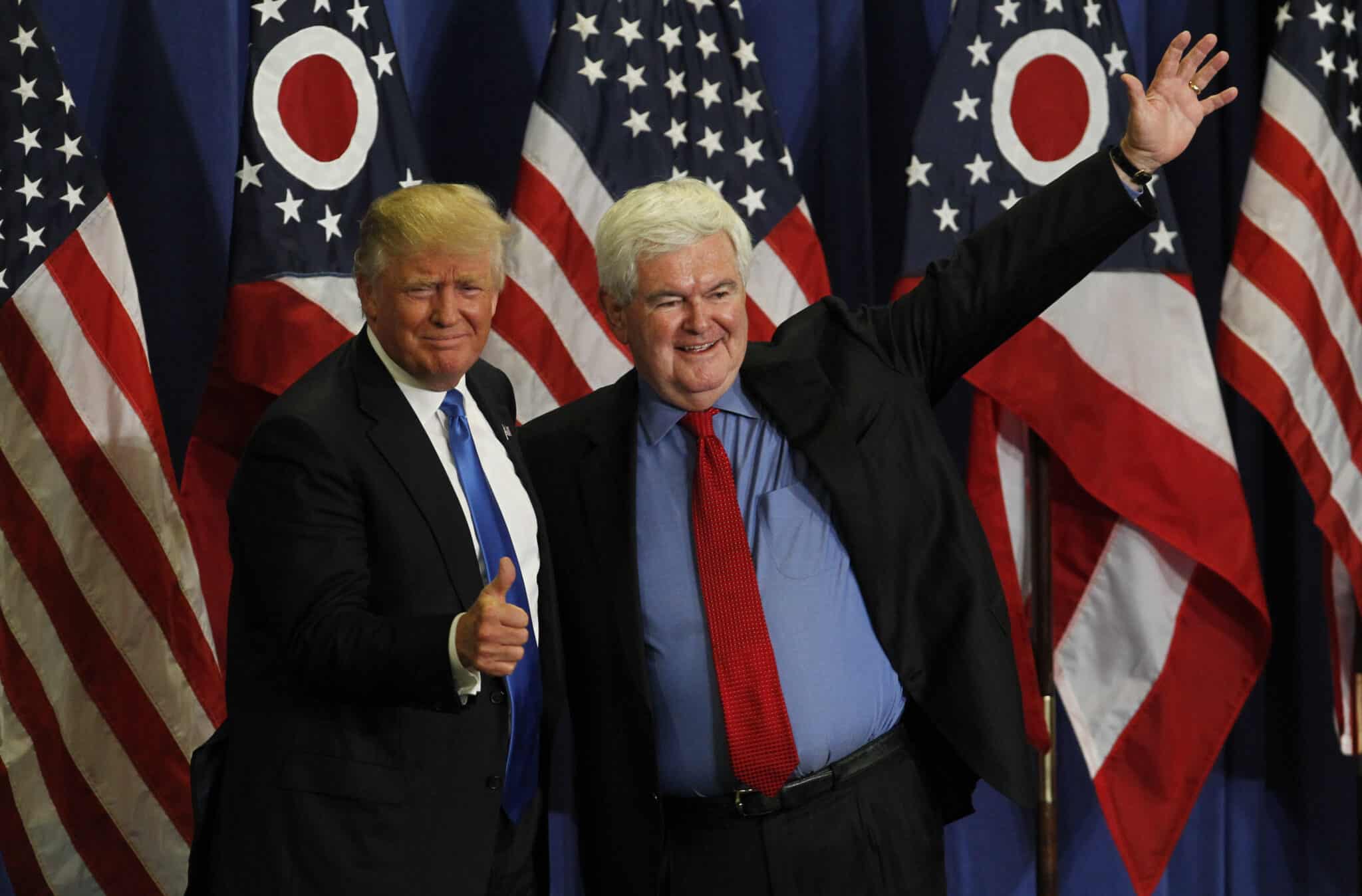 CINCINNATI, OH- JULY 6: Former Speaker of the House Newt Gingrich (R) introduces Republican Presidential candidate Donald Trump during a rally at the Sharonville Convention Center July 6, 2016, in Cincinnati, Ohio. Trump is campaigning  in Ohio ahead of the Republican National Convention in Cleveland next week.     (Photo by John Sommers II/Getty Images)