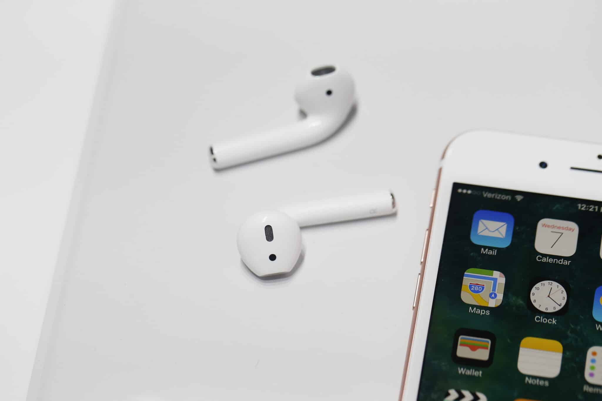 SAN FRANCISCO, CA - SEPTEMBER 07: A pair of the new Apple AirPods are seen during a launch event on September 7, 2016 in San Francisco, California. Apple Inc. unveiled the latest iterations of its smart phone, the iPhone 7 and 7 Plus, the Apple Watch Series 2, as well as AirPods, the tech giant's first wireless headphones. (Photo by Stephen Lam/Getty Images)