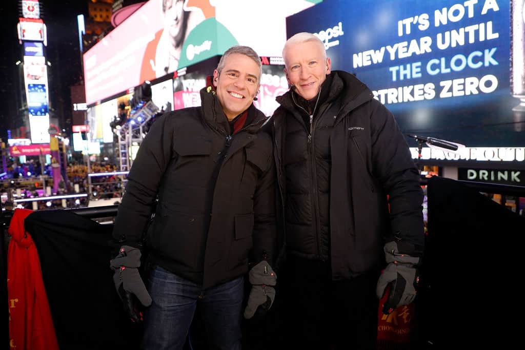 NEW YORK, NY - DECEMBER 31: Andy Cohen and Anderson Cooper host CNN's New Year's Eve coverage at Times Square on December 31, 2017 in New York City.  (Photo by Taylor Hill/FilmMagic)