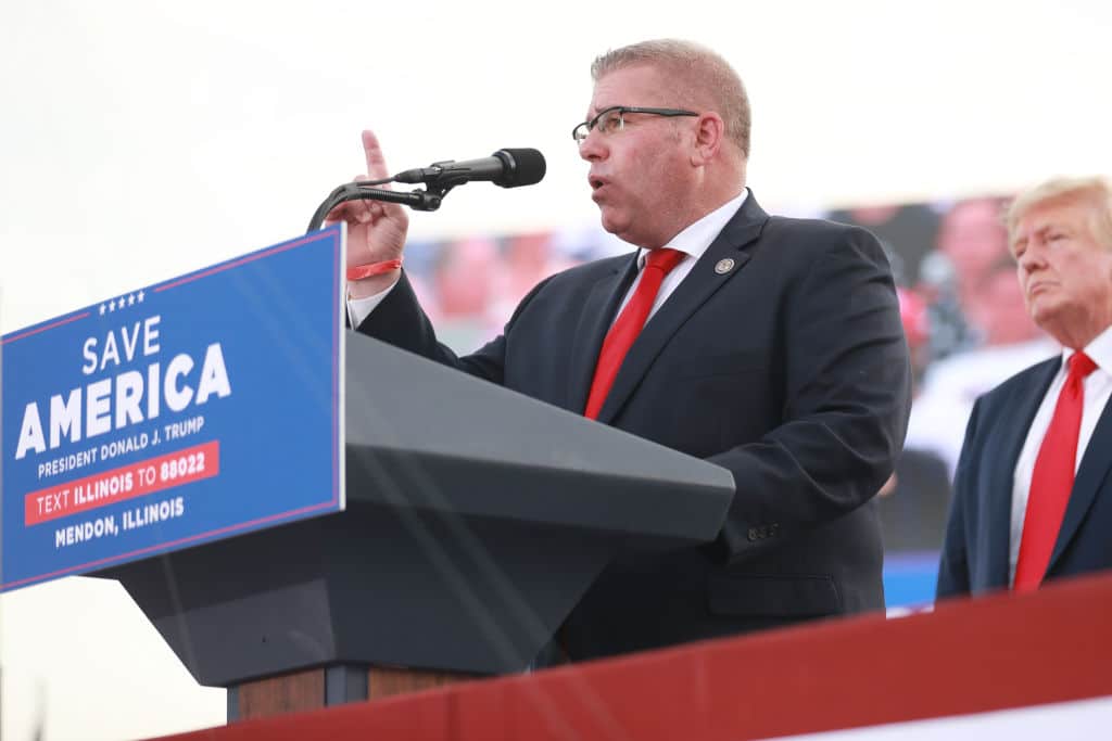MENDON, IL - JUNE 25: Illinois Gubernatorial hopeful Darren Bailey delivers remarks after receiving an endorsement from Donald Trump during a Save America Rally with former US President Donald Trump at the Adams County Fairgrounds on June 25, 2022 in Mendon, Illinois. Trump will be stumping for Rep. Mary Miller in an Illinois congressional primary and it will be Trump's first rally since the United States Supreme Court struck down Roe v. Wade on Friday. (Photo by Michael B. Thomas/Getty Images)