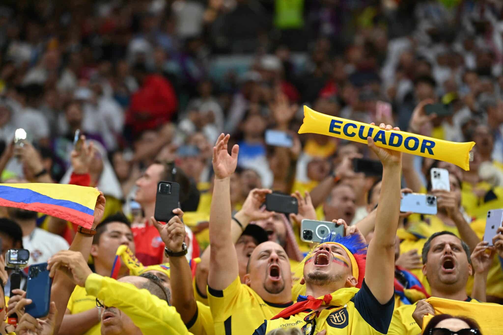 Ecuador supporters cheer ahead of the Qatar 2022 World Cup Group A football match between Qatar and Ecuador at the Al-Bayt Stadium in Al Khor, north of Doha on November 20, 2022. (Photo by Glyn KIRK / AFP) (Photo by GLYN KIRK/AFP via Getty Images)