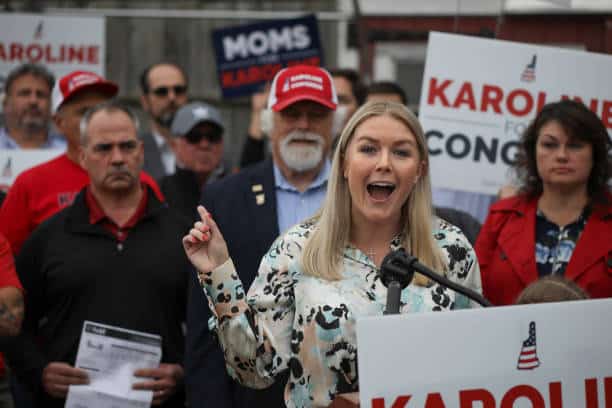 Londonderry, NH: Karoline Leavitt, a Republican candidate for the U.S. House, speaks at a press conference held at Esteys Country Store, Oct.18, 2022. (Cheryl Senter for The Washington Post via Getty Images)