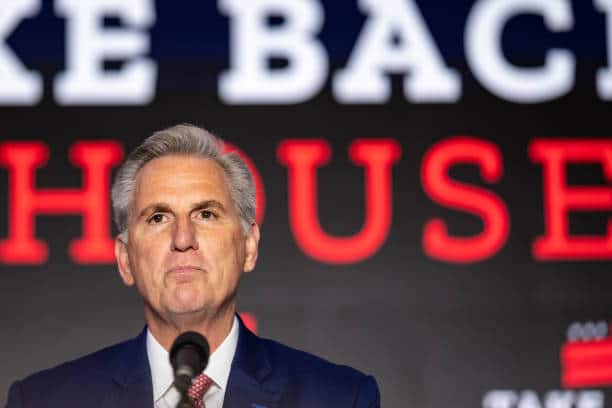 WASHINGTON, DC - NOVEMBER 09: House Minority Leader Kevin McCarthy (R-CA), addresses a crowd during an election night watch party at the National Ballroom at The Westin, City Center on Wednesday, Nov. 9, 2022 in Washington, DC.  (Kent Nishimura / Los Angeles Times via Getty Images)