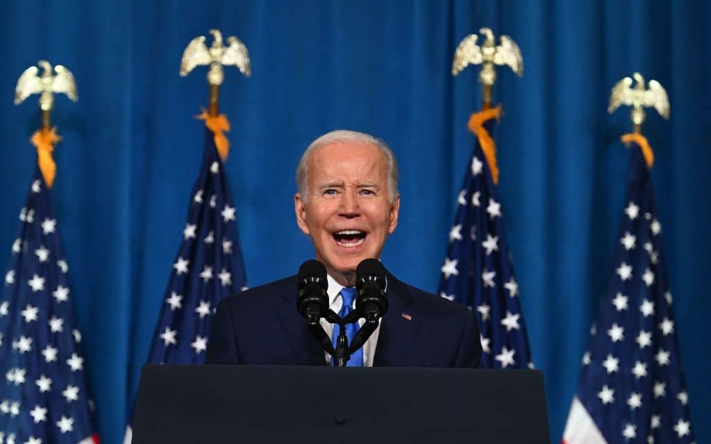 US President Joe Biden speaks at a Democratic National Committee event at the Columbus Club in Union Station, Washington, DC, November 2, 2022. (Photo by Jim WATSON / AFP) (Photo by JIM WATSON/AFP via Getty Images)