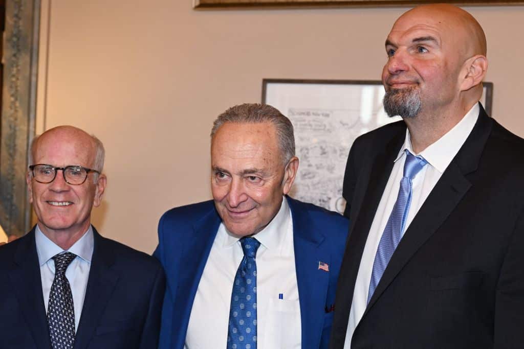US Senate Majority Leader Chuck Schumer, Democrat of New York, meets with Democratic senators-elect John Fetterman (R), of Pennsylvania, and Peter Welch (L), of Vermont, at the US Capitol in Washington, DC on November 15, 2022. (Photo by Mandel NGAN / AFP) (Photo by MANDEL NGAN/AFP via Getty Images)