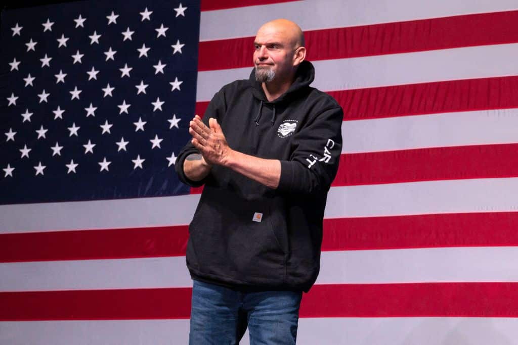 Pennsylvania Democratic Senatorial candidate John Fetterman gestures onstage at a watch party during the midterm elections at Stage AE in Pittsburgh, Pennsylvania, on November 8, 2022. - President Joe Biden's party picked up a first seat in the upper chamber of Congress on Tuesday as Democrat John Fetterman defeated celebrity doctor Mehmet Oz in Pennsylvania, media projections showed. (Photo by ANGELA WEISS / AFP) (Photo by ANGELA WEISS/AFP via Getty Images)