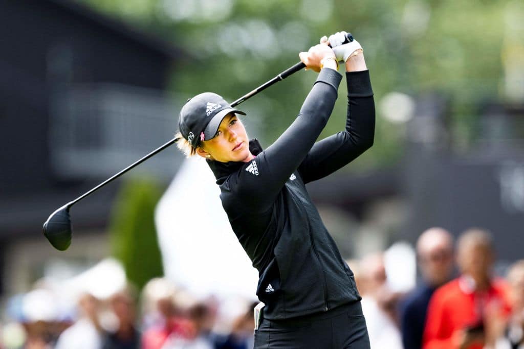Sweden's Linn Grant reacts after hitting a first tee shot during the final round of the Scandinavian Mixed annual golf tournament on the European Tour at Halmstad Golf Club, Sweden on June 12, 2022. - Sweden OUT (Photo by Pontus LUNDAHL / TT News Agency / AFP) / Sweden OUT (Photo by PONTUS LUNDAHL/TT News Agency/AFP via Getty Images)