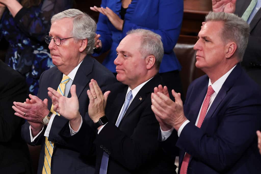WASHINGTON, DC - MAY 17: (L-R) Senate Minority Leader Mitch McConnell (R-KY), House Minority Whip Steve Scalise (R-LA) and House Minority Leader Kevin McCarthy (R-CA) applaud as Greek Prime Minister Kyriakos Mitsotakis delivers an address to a joint meeting of Congress, in the House Chamber of the U.S. Capitol on May 17, 2022 in Washington, DC. A day earlier, Mitsotakis held bilateral meetings with President Joe Biden where the two leaders discussed Greek-U.S. relations and their support of the people of Ukraine in the face of invasion by Russia. (Photo by Win McNamee/Getty Images)