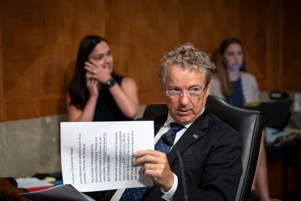 WASHINGTON, DC - AUGUST 3: Sen. Rand Paul (R-KY) attends a Senate Homeland Security Subcommittee on Emerging Threats and Spending Oversight on Capitol Hill August 3, 2022 in Washington, DC. Later today the U.S. Senate will hold a series of votes on Finland and Sweden joining NATO. (Photo by Drew Angerer/Getty Images)