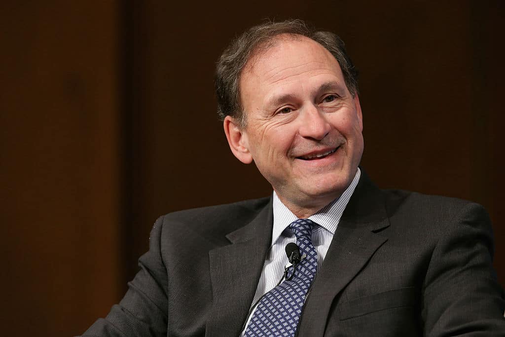 WASHINGTON, DC - FEBRUARY 23:  U.S. Supreme Court Associate Justice Samuel Alito speaks during the Georgetown University Law Center's third annual Dean's Lecture to the Graduating Class in the Hart Auditorium in McDonough Hall February 23, 2016 in Washington, DC. Moderated by Georgetown Law Dean William M. Treanor, Alito began the conversation talking about his father.  (Photo by Chip Somodevilla/Getty Images)