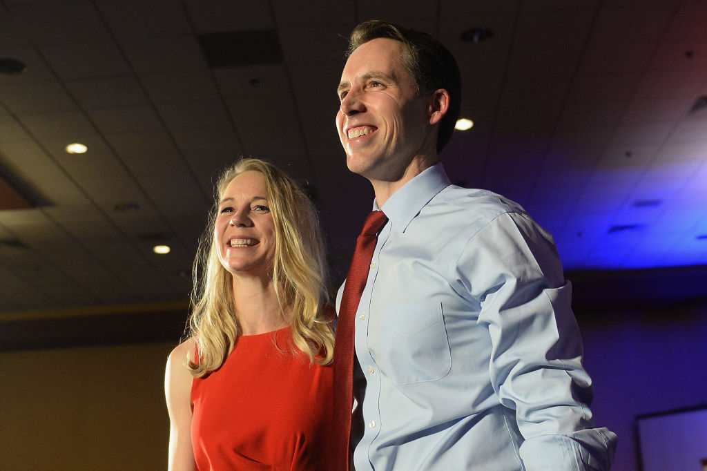 SPRINGFIELD, MO - NOVEMBER 06: Senator-Elect Josh Hawley, along with his wife, Erin Hawley, smile at the crowd of supporters after delivering his victory speech during the Josh Hawley Election Night watch party at the University Plaza Hotel and Conference Center on November 6, 2018 in Springfield, Missouri. Hawley defeated incumbent Senator Claire McCaskill.(Photo by Michael B. Thomas/Getty Images)