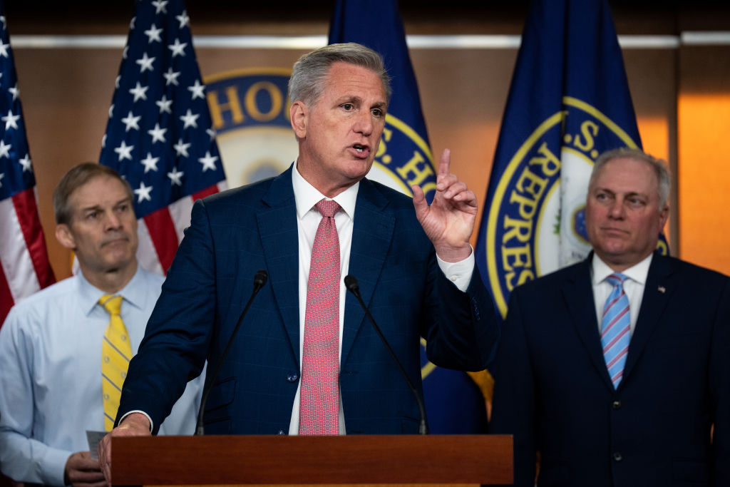 UNITED STATES - MAY 11: House Minority Leader Kevin McCarthy, R-Calif., speaks during the House Republicans news conference in the Capitol to discuss defunding the Homeland Security Departments Disinformation Governance Board on Wednesday, May 11, 2022. (Bill Clark/CQ-Roll Call, Inc via Getty Images)