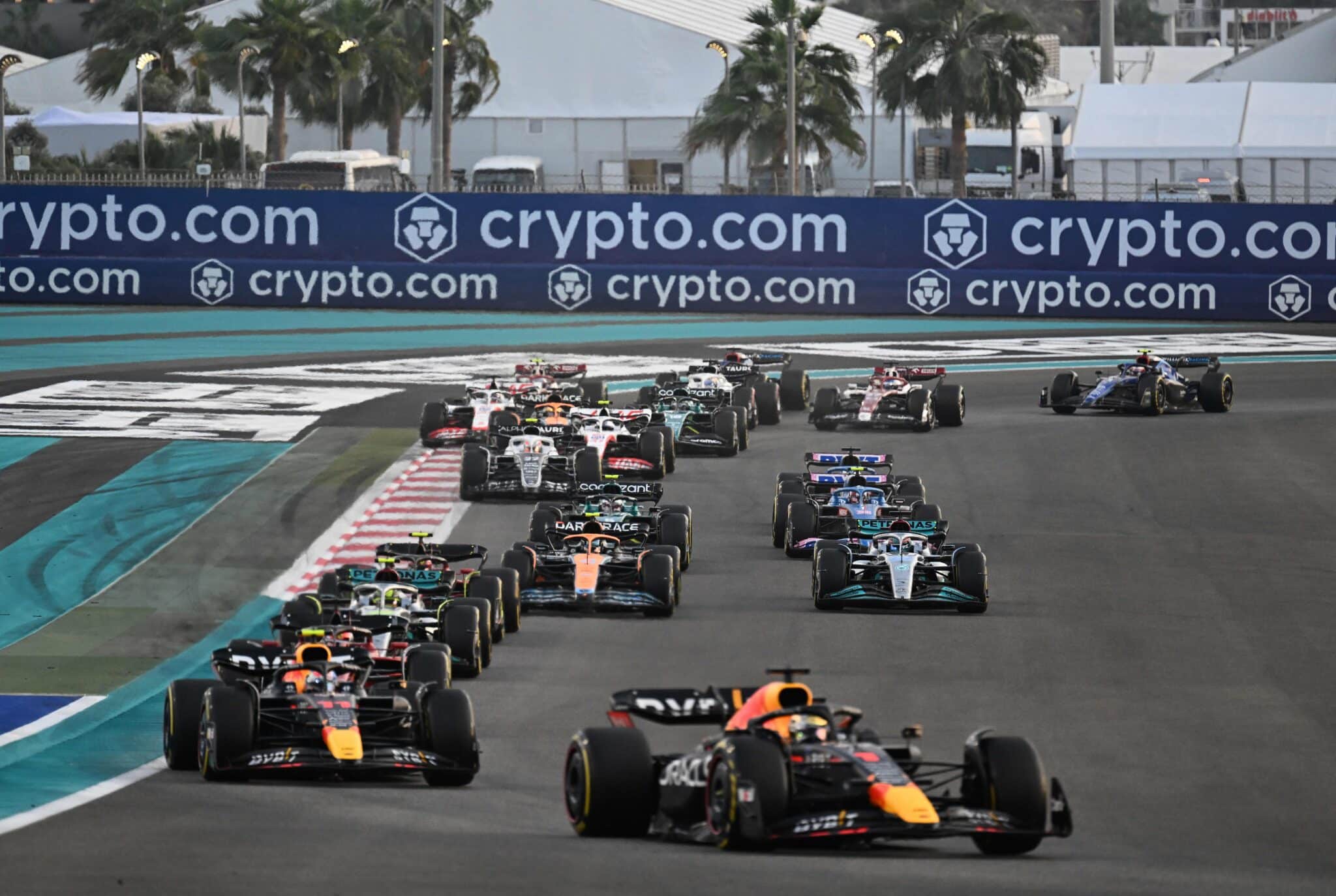 Drivers compete during the Abu Dhabi Formula One Grand Prix at the Yas Marina Circuit in the Emirati city of Abu Dhabi on November 20, 2022. (Photo by Karim Sahib / AFP) (Photo by KARIM SAHIB/AFP via Getty Images)