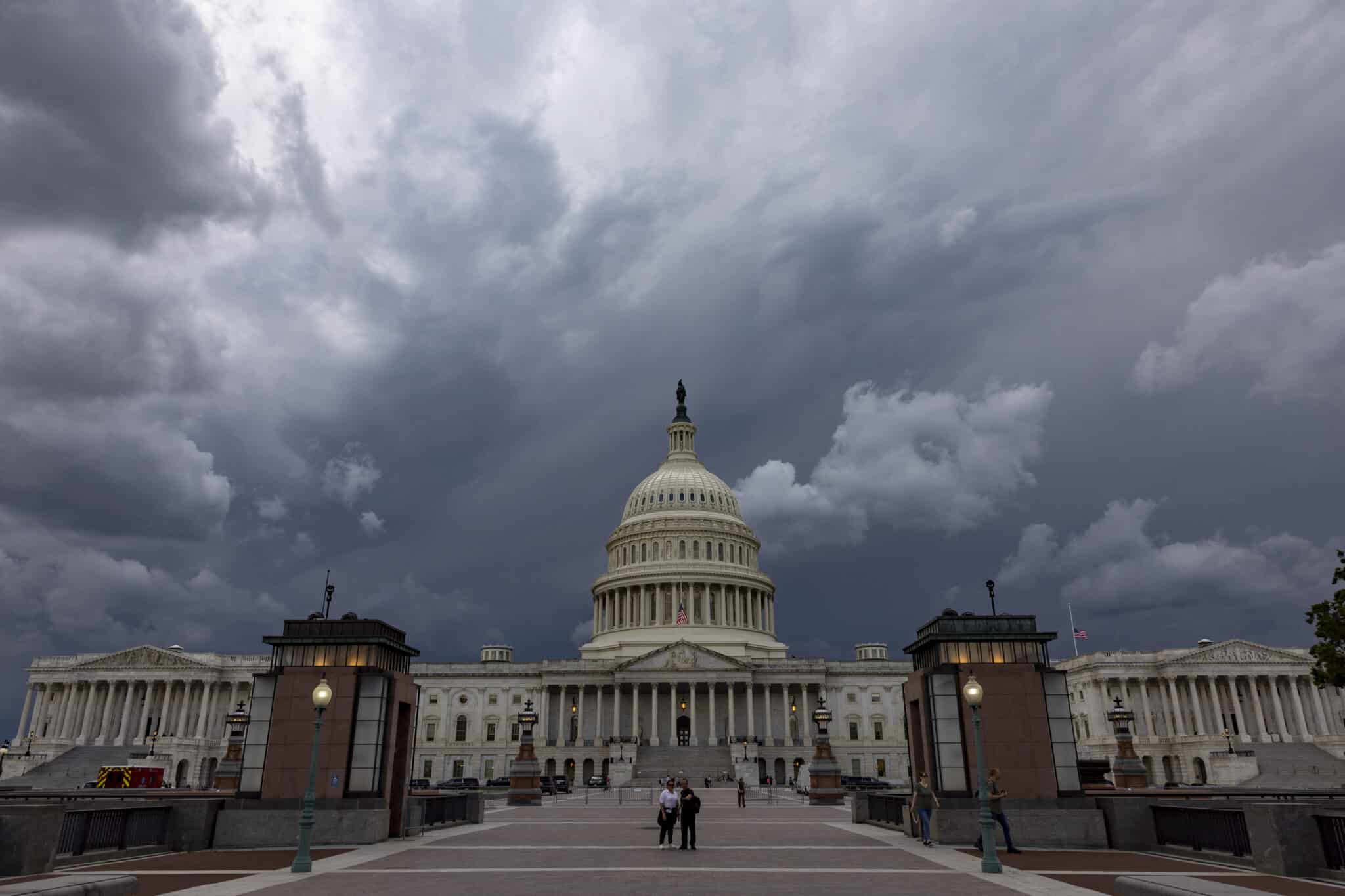 WASHINGTON, DC - MAY 16: A storm cloud hangs over the U.S. Capitol Building on May 16, 2022 in Washington, DC. This week the U.S. Senate is expected to take up a vote on a $40 billion package of military and humanitarian aid to Ukraine. (Photo by Anna Moneymaker/Getty Images)