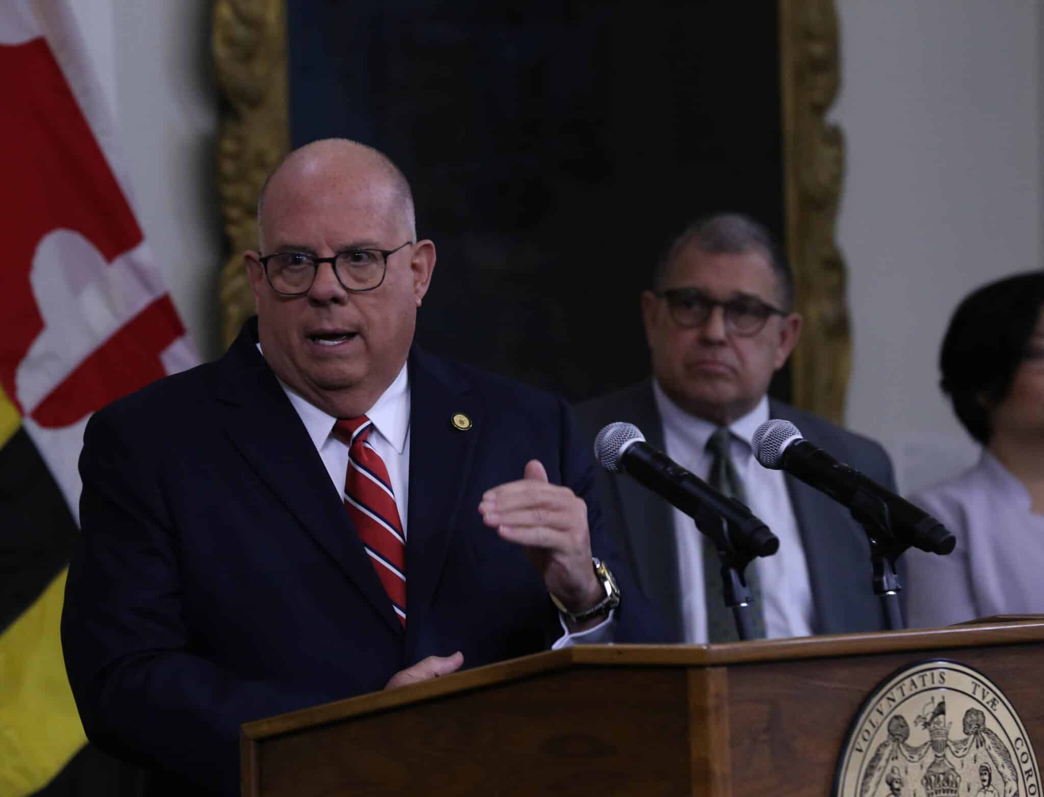 ANNAPOLIS, MARYLAND - JUNE 09: Governor Larry Hogan speaks at a press conference at Maryland State House on June 09, 2022 in Annapolis, Maryland. According to reports, three people were killed and four wounded after a gunman opened fire at the Columbia Machine manufacturing facility on June 9th in Smithsburg, Maryland. The suspect was later captured after a shootout with state troopers approximately 5 miles from the manufacturing facility. (Photo by Brian Stukes/Getty Images)