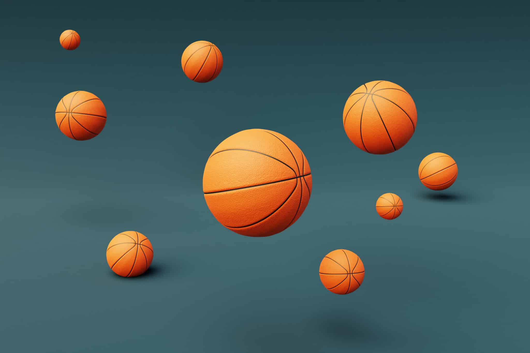 3D illustration of basketballs flying over blue background. Concept of sport.