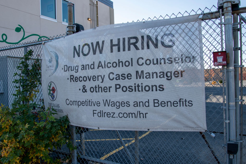 Minneapolis, Minnesota, Now hiring sign for the Tagwii recovery center for counselor and case manager. The Tagwii Recovery Center encompasses a treatment process that recognizes and accommodates the diversity among American Indian people. (Photo by: Michael Siluk/UCG/Universal Images Group via Getty Images)