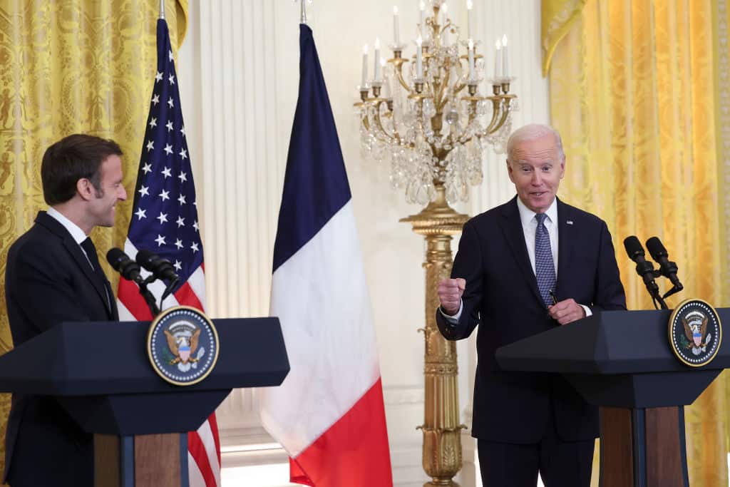WASHINGTON, DC - DECEMBER 01: U.S. President Joe Biden and French President Emmanuel Macron hold a joint press conference at the White House during an official state visit on December 01, 2022 in Washington, DC. President Biden is welcoming Macron for the first official state visit of the Biden administration.  (Photo by Kevin Dietsch/Getty Images)