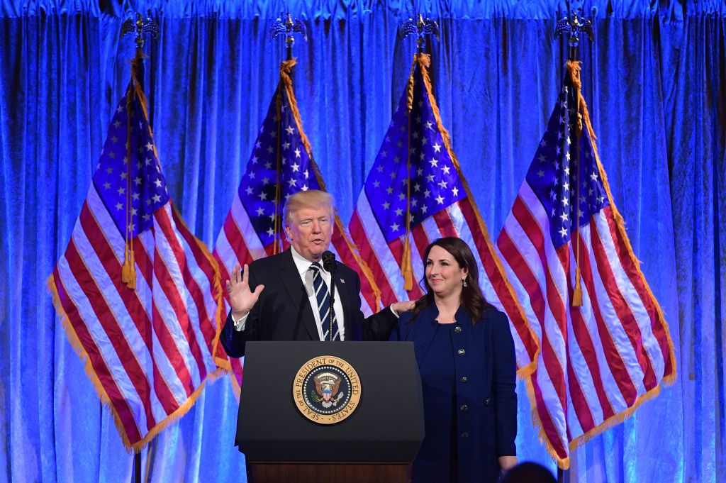 US President Donald Trump speaks after his introduction by RNC Chairwoman Ronna Romney McDaniel at a fundraising breakfast in a restaurant in New York, New York on December 2, 2017. / AFP PHOTO / MANDEL NGAN        (Photo credit should read MANDEL NGAN/AFP via Getty Images)