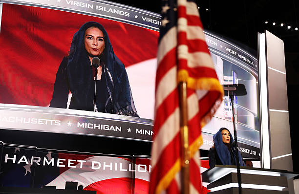 CLEVELAND, OH - JULY 19:  Harmeet Dhillon, Vice Chair of the CA Republican Party, prays during the opening of the second day of the Republican National Convention on July 19, 2016 at the Quicken Loans Arena in Cleveland, Ohio. An estimated 50,000 people are expected in Cleveland, including hundreds of protesters and members of the media. The four-day Republican National Convention kicked off on July 18.  (Photo by Joe Raedle/Getty Images)