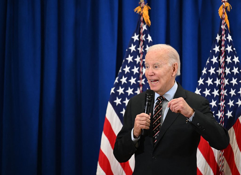 US President Joe Biden speaks during a town hall with veterans and veteran survivors in New Castle, Delaware, on December 16, 2022. (Photo by Jim WATSON / AFP) (Photo by JIM WATSON/AFP via Getty Images)