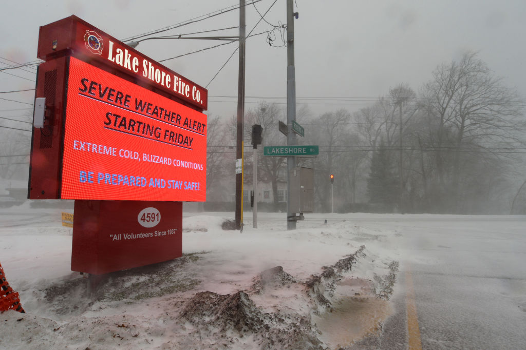 HAMBURG, NY - DECEMBER 23: Snow and ice cover the roads along the Lake Erie Shoreline  on December 23, 2022 in Hamburg, New York. The Buffalo suburb and surrounding area are expecting wind gusts over 70 miles per hour battering homes and businesses through out the holiday weekend.  (Photo by John Normile/Getty Images)