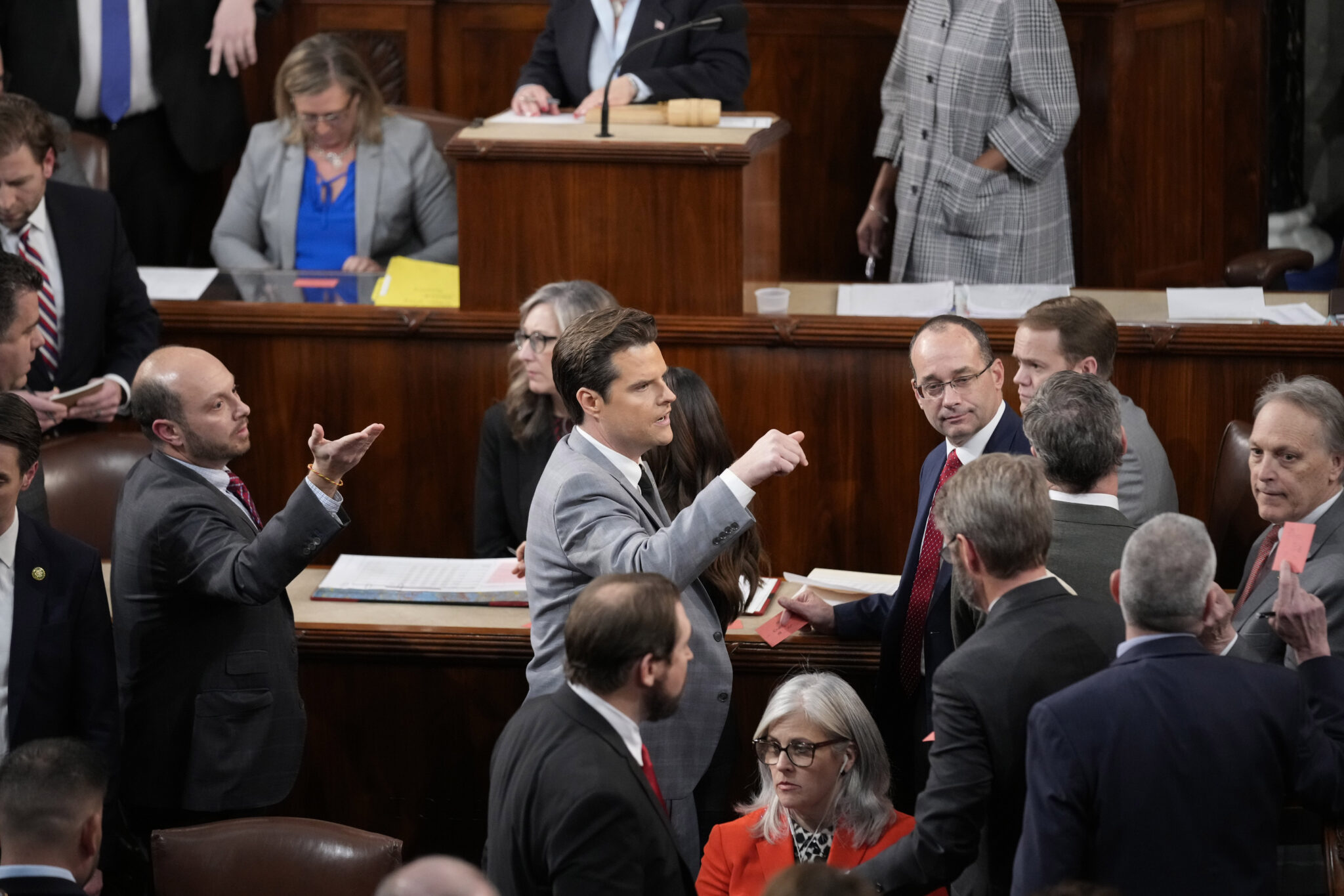 Rep. Matt Gaetz, R-Fla., gestures during a motion to adjourn after the 14th round of voting for speaker in the House chamber as the House meets for the fourth day to elect a speaker and convene the 118th Congress in Washington, Friday, Jan. 6, 2023. (AP Photo/Andrew Harnik)