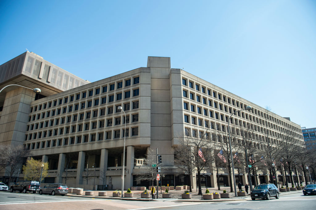The J. Edgar Hoover Building of the Federal Bureau of Investigation (FBI) is seen on April 03, 2019 in Washington, DC. - The FBI is the domestic intelligence and security service of the United States, and its principal federal law enforcement agency. Operating under the jurisdiction of the United States Department of Justice, the FBI is also a member of the U.S. Intelligence Community and reports to both the Attorney General and the Director of National Intelligence. (Photo by Eric BARADAT / AFP) (Photo by ERIC BARADAT/AFP via Getty Images)