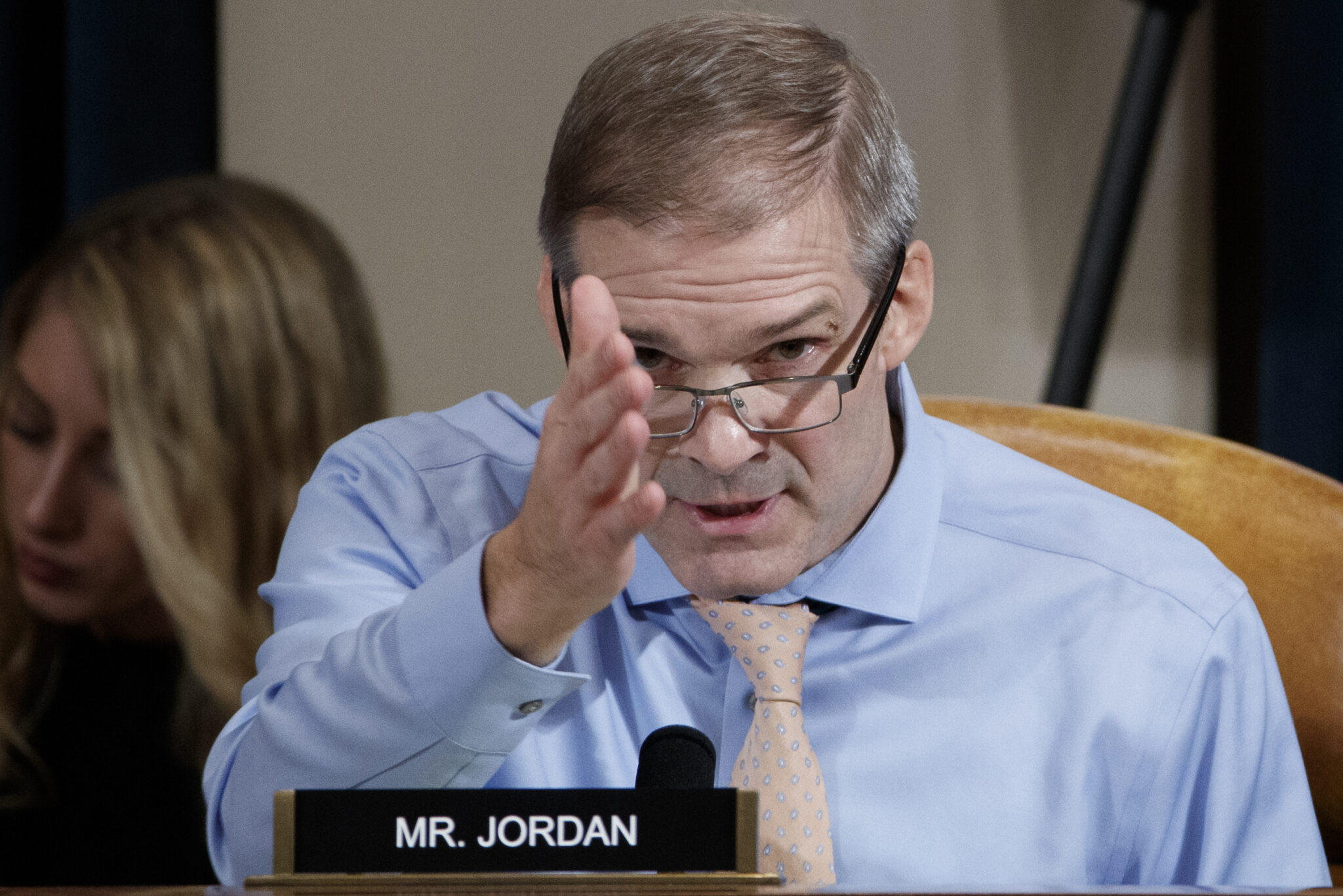 Republican Representative from Ohio Jim Jordan questions Special Advisor for Europe and Russia in the office of US Vice President Mike Pence, Jennifer Williams and Director for European Affairs of the National Security Council, US Army Lieutenant Colonel Alexander Vindman during the House Permanent Select Committee on Intelligence public hearing on the impeachment inquiry into US President Donald Trump, on Capitol Hill in Washington,DC on November 19, 2019. - President Donald Trump faces more potentially damning testimony in the Ukraine scandal as a critical week of public impeachment hearings opens Tuesday in the House of Representatives. (Photo by SHAWN THEW / POOL / AFP) (Photo by SHAWN THEW/POOL/AFP via Getty Images)