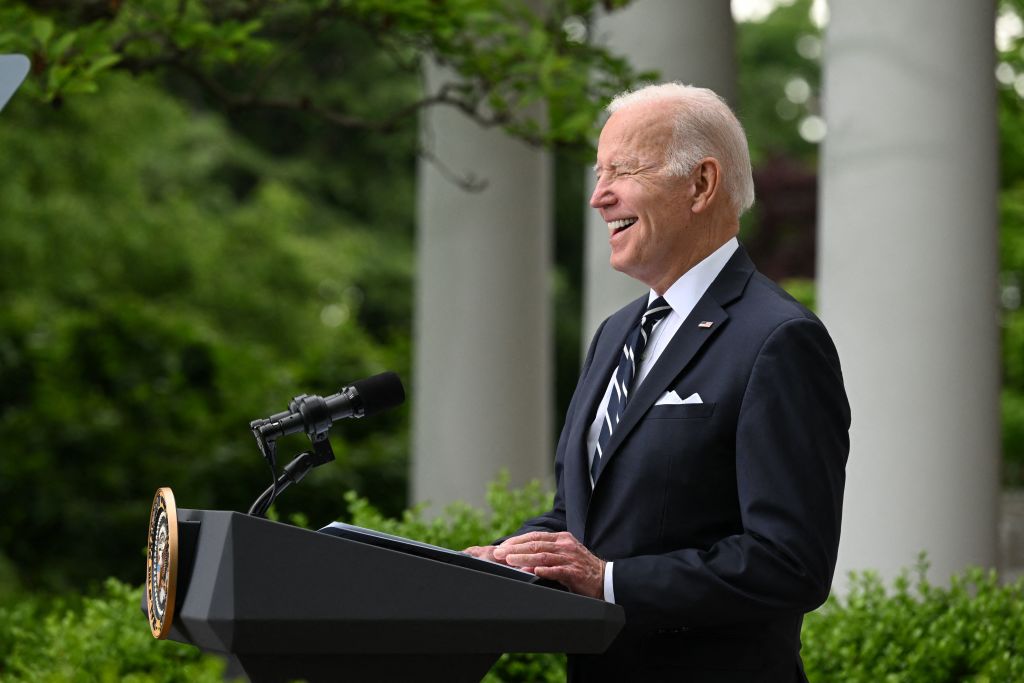 US President Joe Biden laughs as he hosts a Cinco de Mayo reception at the Rose Garden of the White House in Washington, DC on May 5, 2022. (Photo by SAUL LOEB / AFP) (Photo by SAUL LOEB/AFP via Getty Images)
