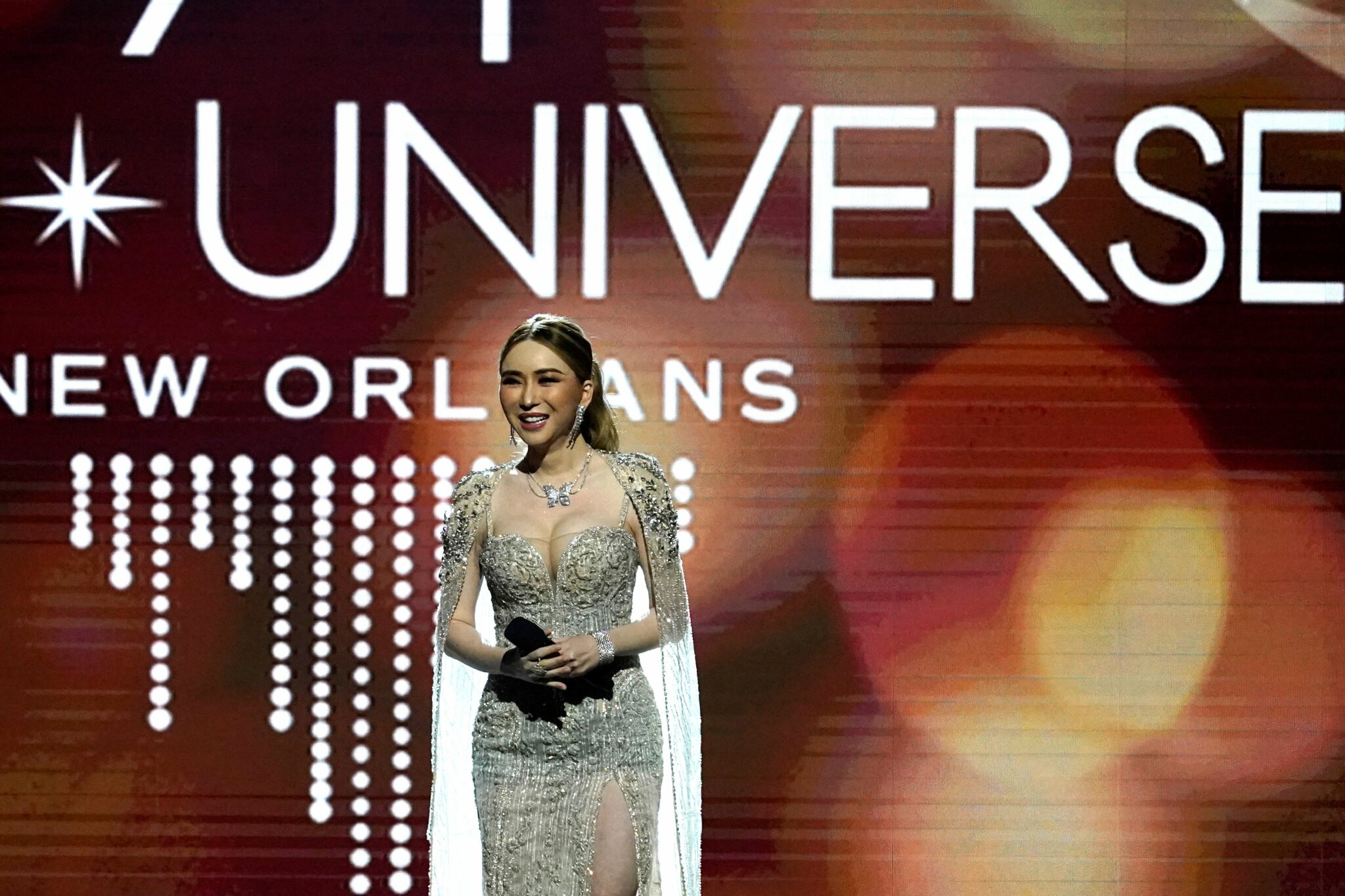 Thai businesswoman and owner of Miss Universe pageant Anne Jakkaphong Jakrajutatip speaks during the 71st Miss Universe competition at the New Orleans Ernest N. Morial Convention Center in New Orleans, Louisiana on January 14, 2023. (Photo by TIMOTHY A. CLARY / AFP) (Photo by TIMOTHY A. CLARY/AFP via Getty Images)