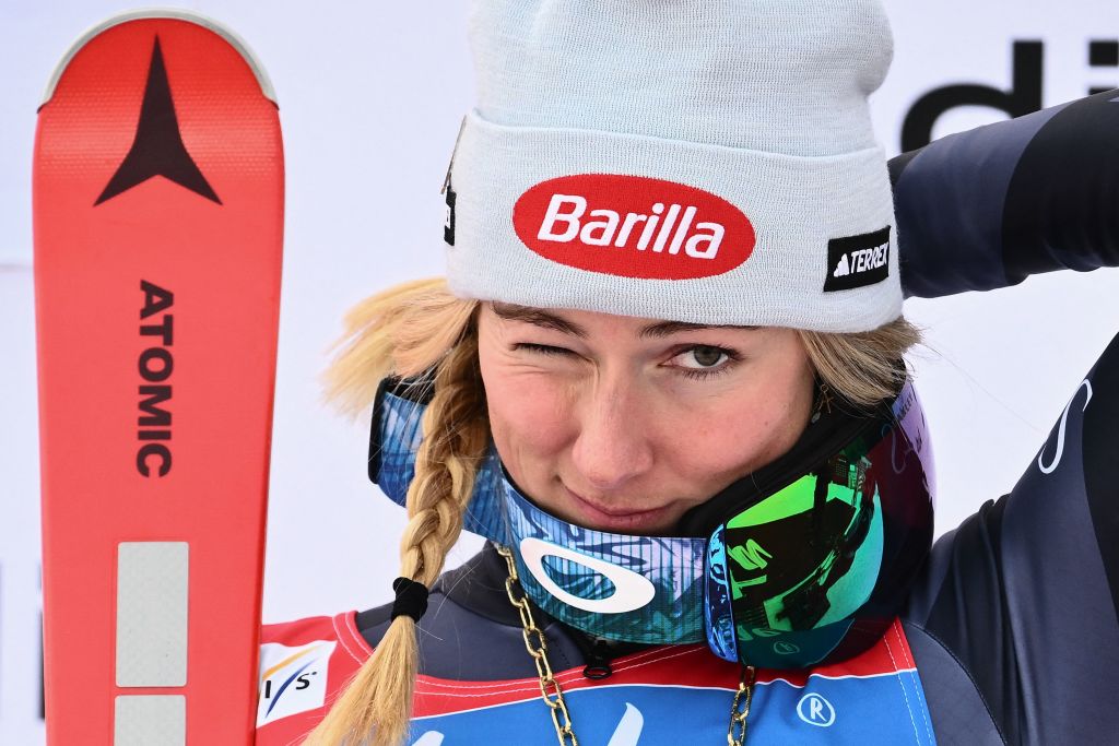 Race winner USA's Mikaela Shiffrin reacts on the podium after competing in the Women's Giant Slalom on January 24, 2023 in Plan de Corones (Kronplatz), Dolomites Mountains, as part of the FIS Alpine World Ski Championships. (Photo by Marco BERTORELLO / AFP) (Photo by MARCO BERTORELLO/AFP via Getty Images)