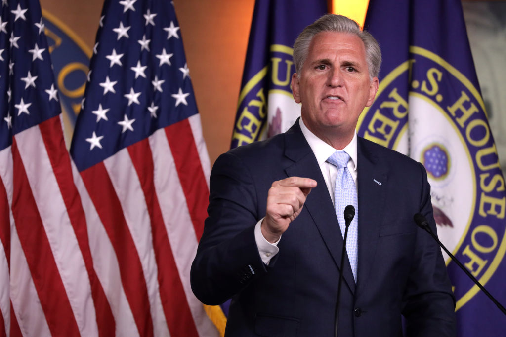 WASHINGTON, DC - JUNE 25:  U.S. House Minority Leader Rep. Kevin McCarthy (R-CA) speaks during his weekly news conference June 25, 2020 on Capitol Hill in Washington, DC. McCarthy discuss various topics including the police reform bill.  (Photo by Alex Wong/Getty Images)