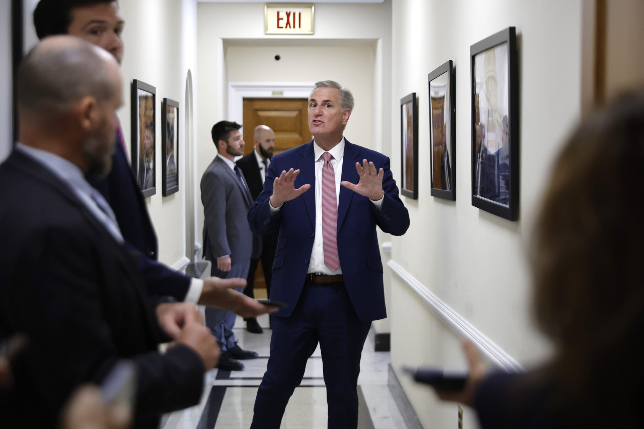 WASHINGTON, DC - AUGUST 12: House Minority Leader Kevin McCarthy (R-CA) talks to reporters after attending the swearing-in of  Rep. Brad Finstad (R-MN) at the U.S. Capitol on August 12, 2022 in Washington, DC. Finstad won a special election in Minnesota to replace former Rep. Jim Hagedorn (R-MN) who died in January of COVID-19. (Photo by Chip Somodevilla/Getty Images)