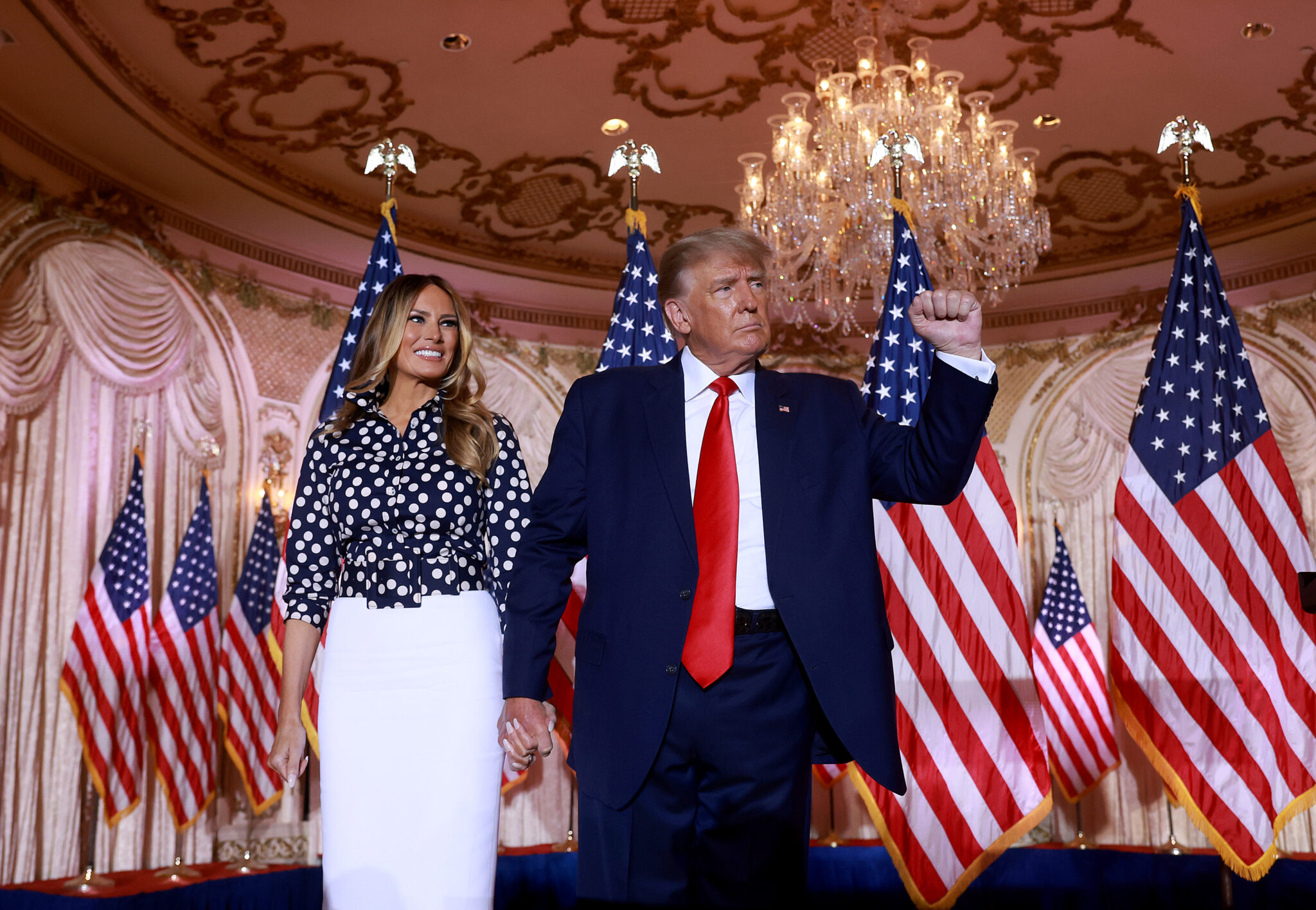 PALM BEACH, FLORIDA - NOVEMBER 15: Former U.S. President Donald Trump and former first lady Melania Trump stand together during an event at his Mar-a-Lago home on November 15, 2022 in Palm Beach, Florida. Trump announced that he was seeking another term in office and officially launched his 2024 presidential campaign.  (Photo by Joe Raedle/Getty Images)