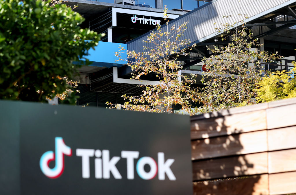 CULVER CITY, CALIFORNIA - DECEMBER 20: The TikTok logo is displayed outside a TikTok office on December 20, 2022 in Culver City, California. Congress is pushing legislation to ban the popular Chinese-owned social media app from most government devices. (Photo by Mario Tama/Getty Images)