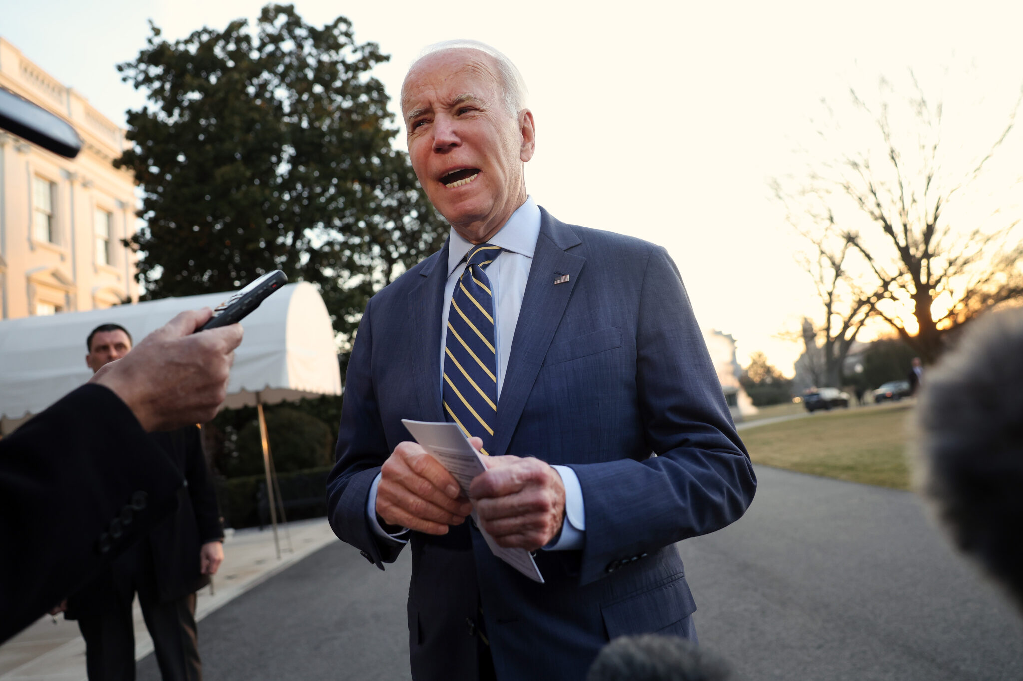WASHINGTON, DC - JANUARY 11: U.S. President Joe Biden speaks on the FAA computer outage as he departs the White House on January 11, 2023 in Washington, DC. President Biden is accompanying First Lady Jill Biden to Walter Reed National Military Medical Center where she will undergo skin cancer treatment. (Photo by Kevin Dietsch/Getty Images)