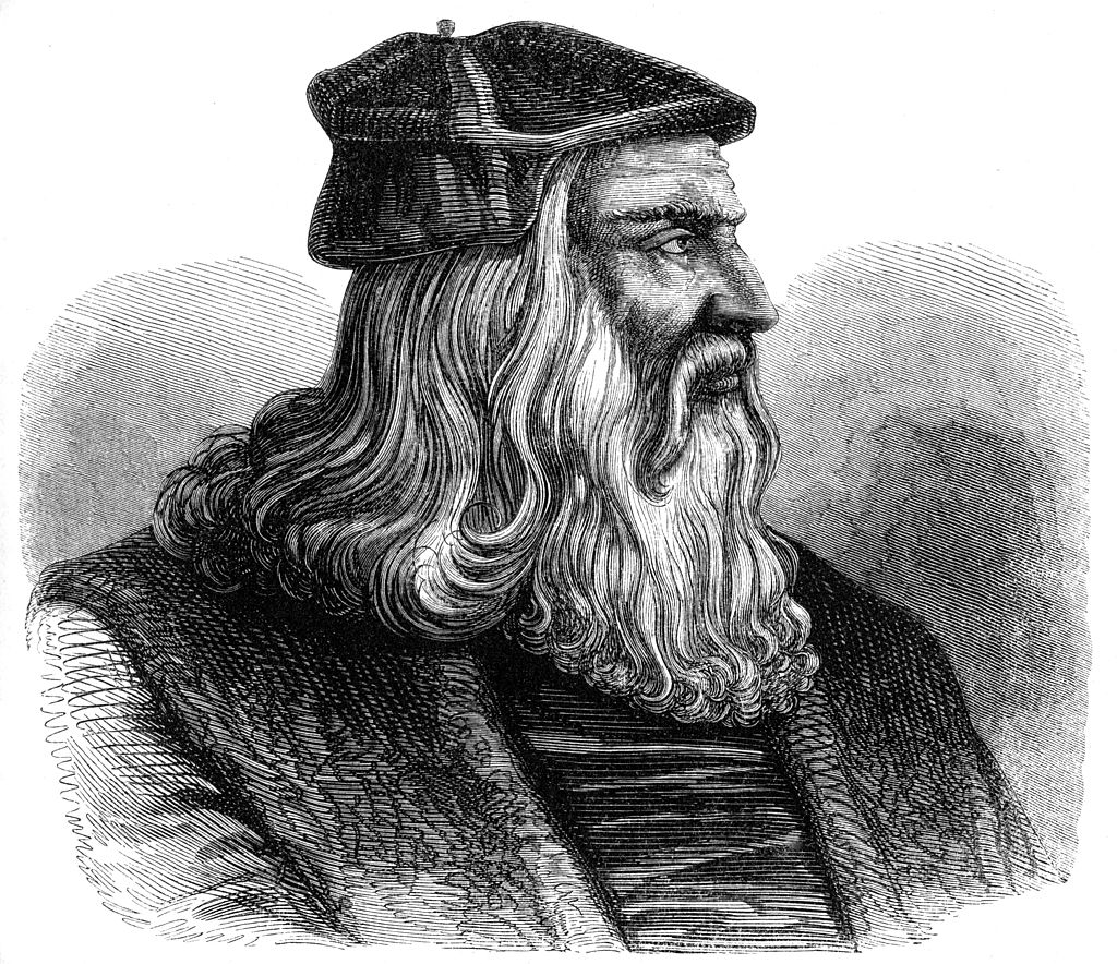 Leonardo da Vinci (1452-1519), 16th century (1849). Da Vinvi was an Italian artist, engineer, scientist and inventor whose drawings featured ideas such as a spinning wheel and a flying machine. He dissected human bodies which he used to produce accurate anatomical drawings, studied the properties of light and water and worked in Milan as an inspector of fortifications and later in Florence as a military engineer. A 19th century version based on an original 16th century Venetian engraving held by Cabinet des Estampes, Bibliothèque Nationale, Paris. From Le Moyen Age et la Renaissance, by Paul Lacroix, Ferdinand Séré and A Rivaud, Volume III (Paris, 1849). (Photo by The Print Collector/Print Collector/Getty Images)